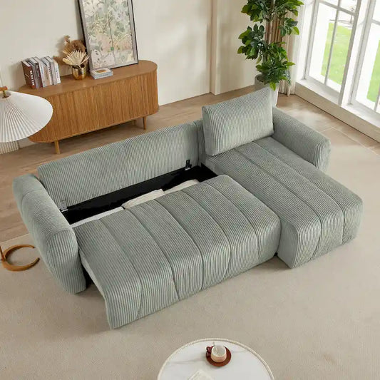 Grey 105.2 Corduroy L-Shaped Convertible Sleeper Sectional with Storage
