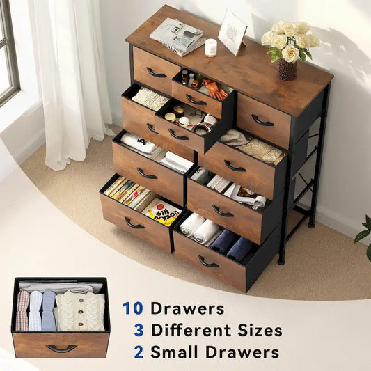 Moasis Rustic Wood-grain Badroom Dresser with Metal Frame, Wooden Top