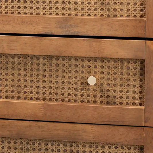 Ramiel Mid-Century Modern Ash Walnut Finished Wood and Rattan 4-Drawer Chest