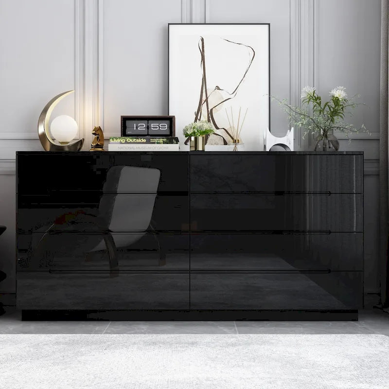 8 Drawer Double Dresser Dresser w/High Gloss Drawers Dual Chest Light