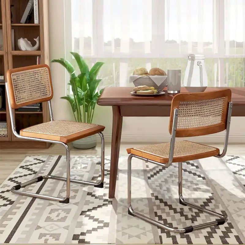 Dining Chairs Set of 2, Upholstered Natural Rattan Kitchen Chairs, Armless Accent Chair Side Chairs