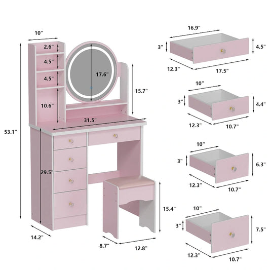 31.5 Wide Makeup Vanity Set with Stool, Mirror,3 Color Light - 31.5W