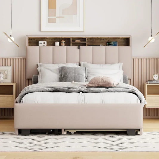 Upholstered Platform Bed with Storage Headboard