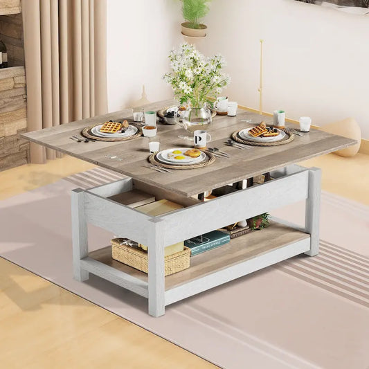 Moasis Farmhouse Lift Top Coffee Table Expandable Tabletop with Hidden Storage and Shelf for Living Room