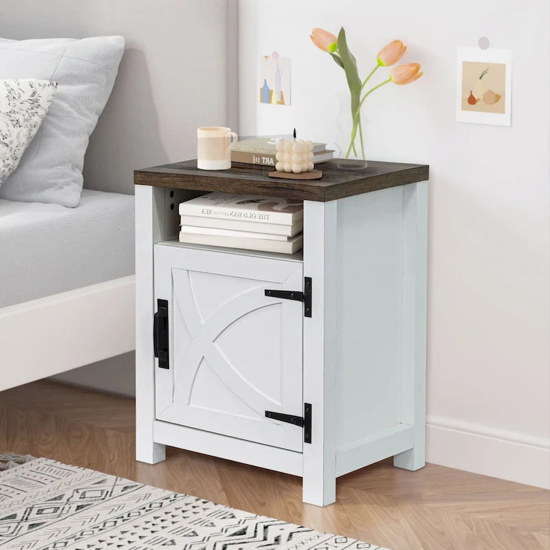 Walnut Barn Door Sofa End Table Nightstand Bedside Table with Storage Shelf