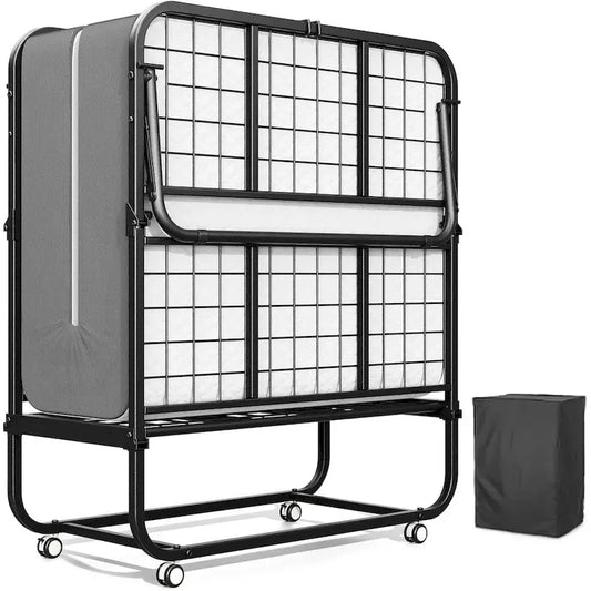 Roll away Space-Saving Sturdy Metal Frame Folding Guest Bed with 5 Thick Mattress