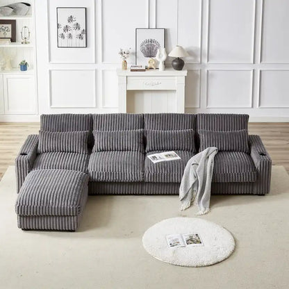 126W Corduroy Large L-Shaped Sofa With USB Port
