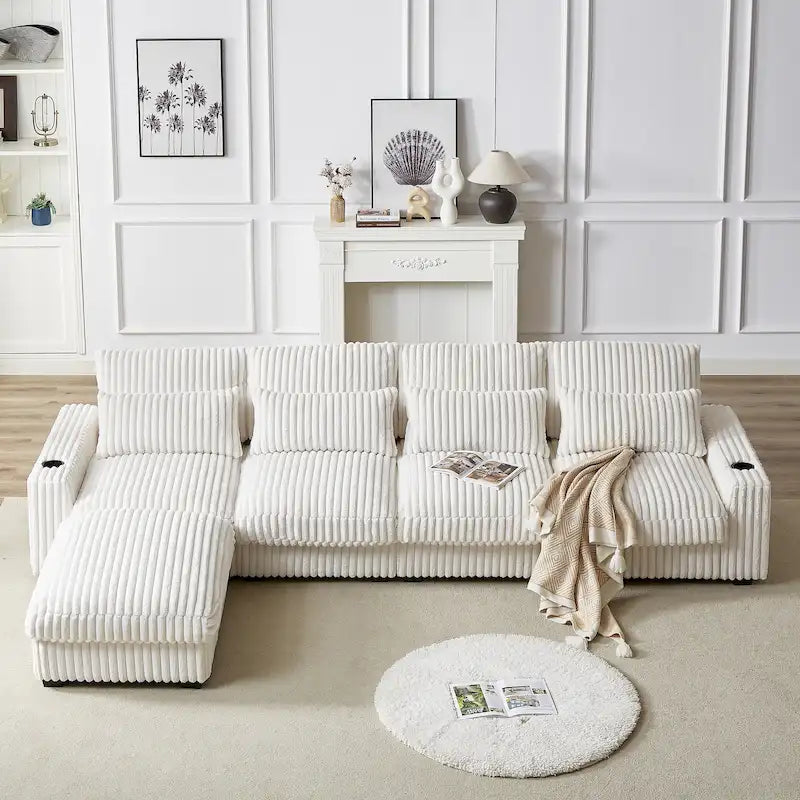 126W Corduroy Large L-Shaped Sofa With USB Port