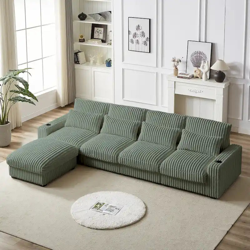 126W Corduroy Large L-Shaped Sofa With USB Port