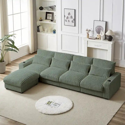 126W Corduroy Large L-Shaped Sofa With USB Port