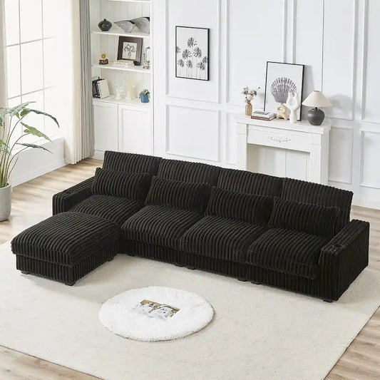 126W Corduroy Large L-Shaped Sofa With USB Port