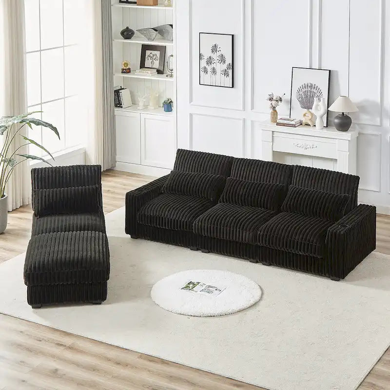 126W Corduroy Large L-Shaped Sofa With USB Port
