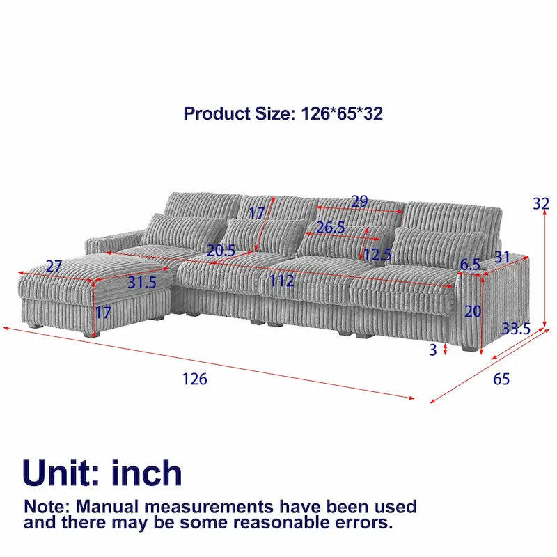 126W Corduroy Large L-Shaped Sofa With USB Port