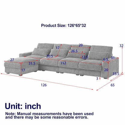 126W Corduroy Large L-Shaped Sofa With USB Port