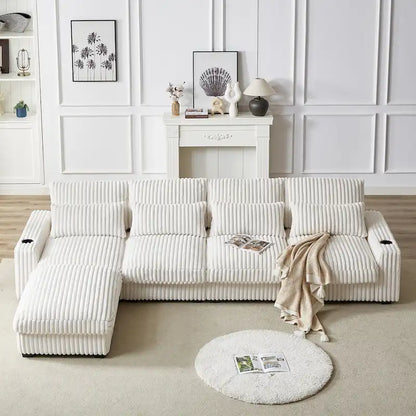 126W Corduroy Large L-Shaped Sofa With USB Port
