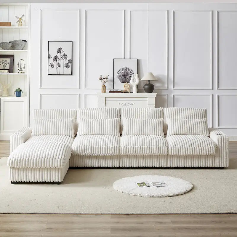 126W Corduroy Large L-Shaped Sofa With USB Port