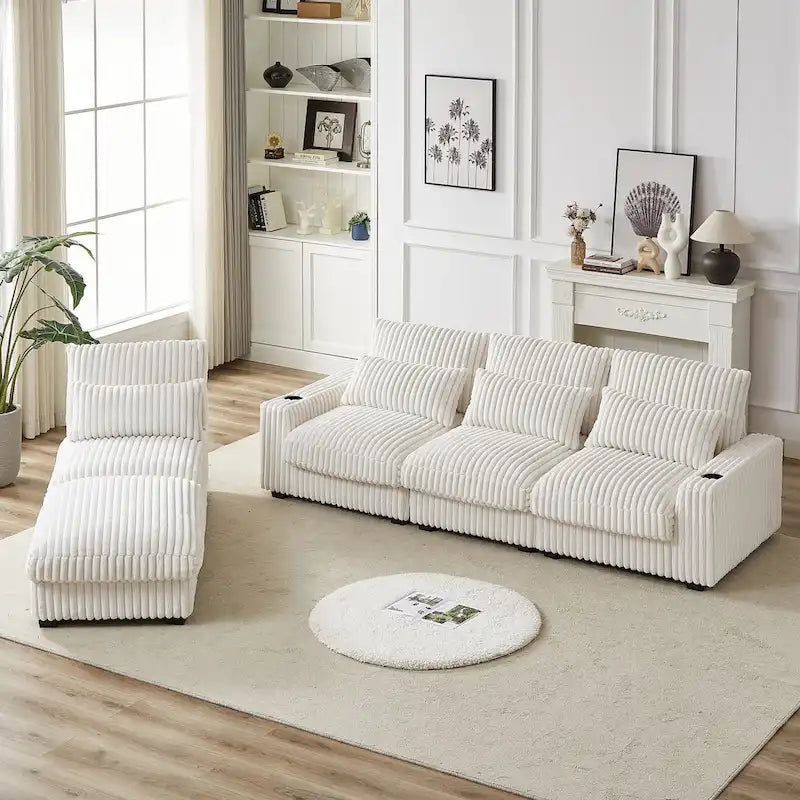 126W Corduroy Large L-Shaped Sofa With USB Port