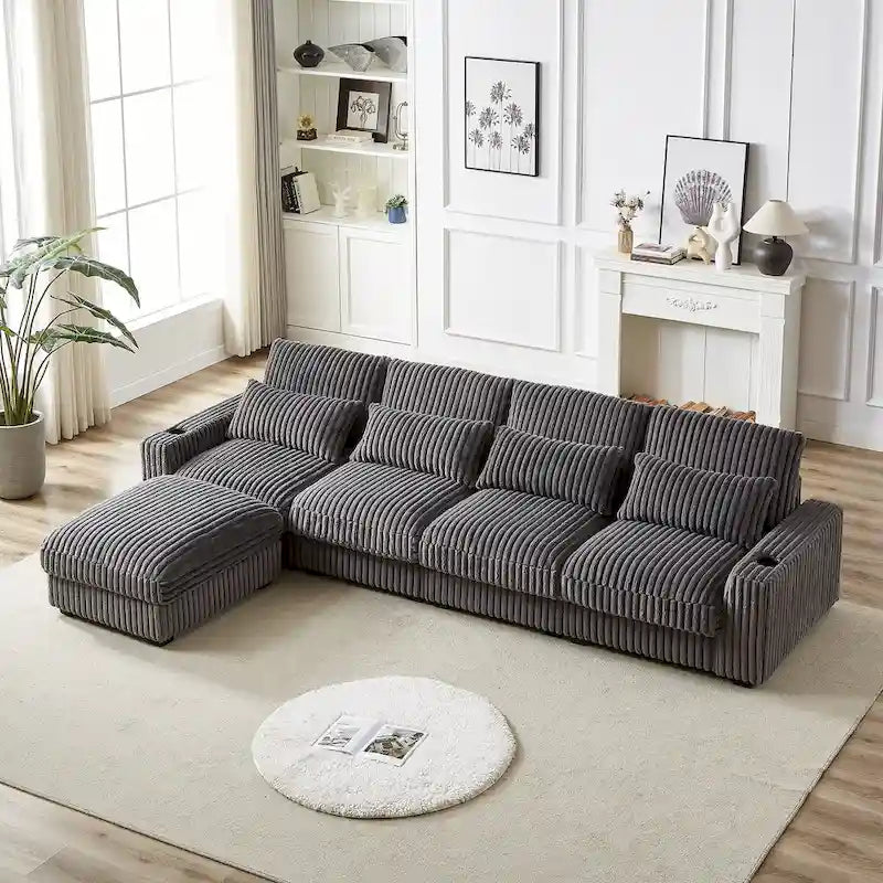 126W Corduroy Large L-Shaped Sofa With USB Port