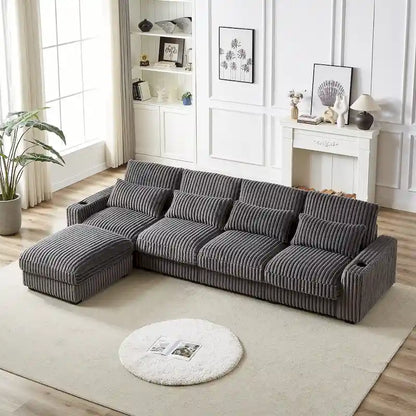 126W Corduroy Large L-Shaped Sofa With USB Port