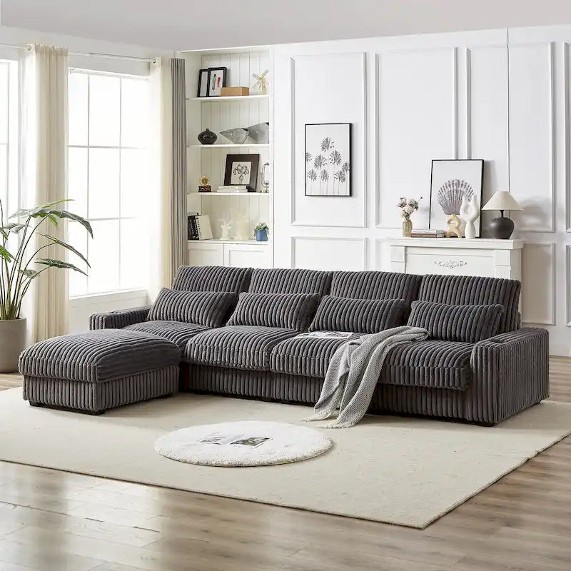 126W Corduroy Large L-Shaped Sofa With USB Port