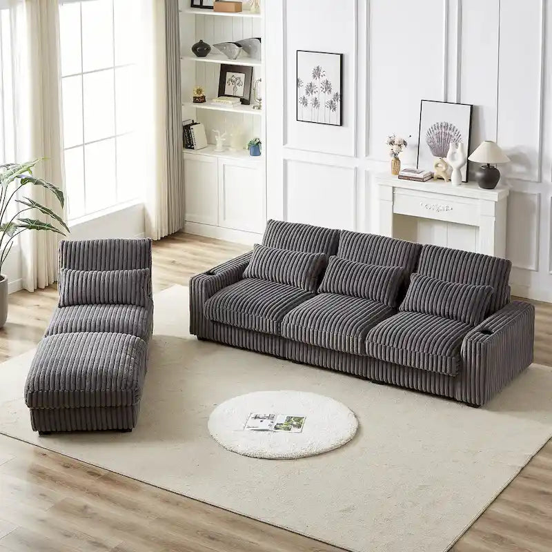 126W Corduroy Large L-Shaped Sofa With USB Port