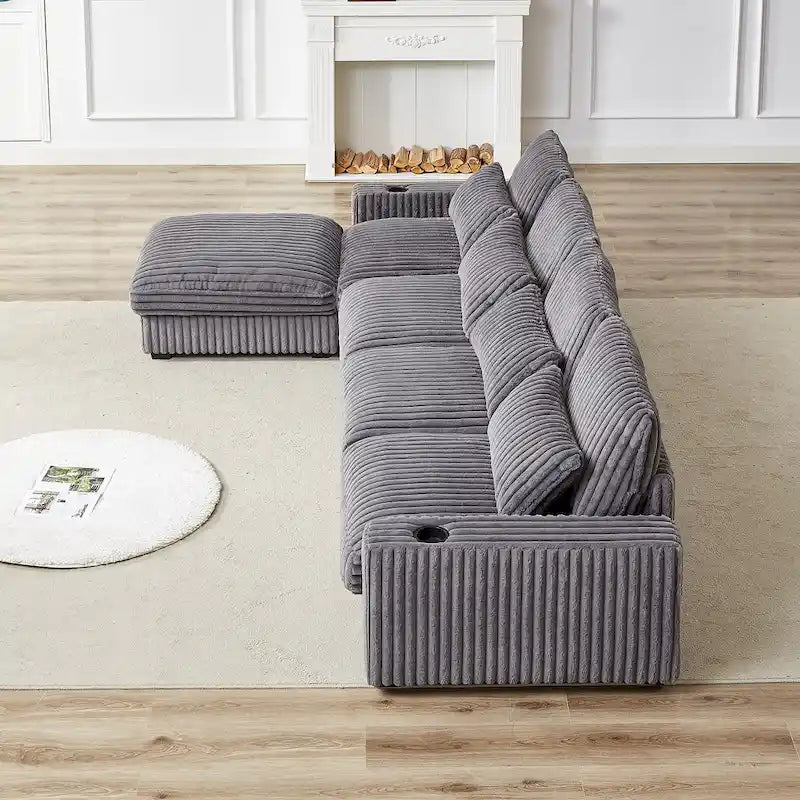 126W Corduroy Large L-Shaped Sofa With USB Port