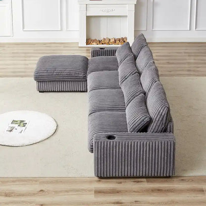 126W Corduroy Large L-Shaped Sofa With USB Port