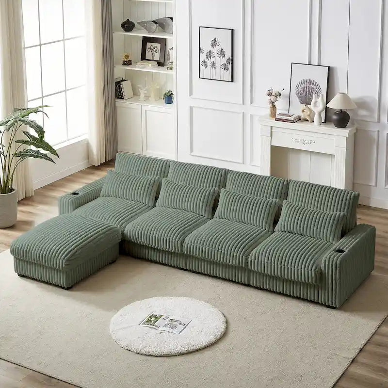 126W Corduroy Large L-Shaped Sofa With USB Port