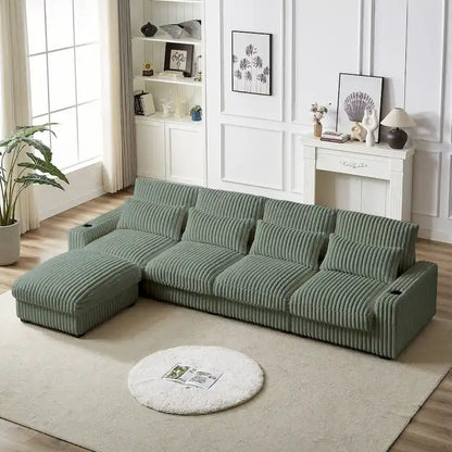 126W Corduroy Large L-Shaped Sofa With USB Port