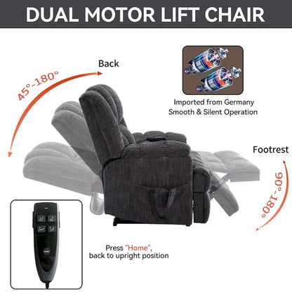 Grey Oversized Chenille Power Lift Recliner with Massage, Heating, Flat Lay