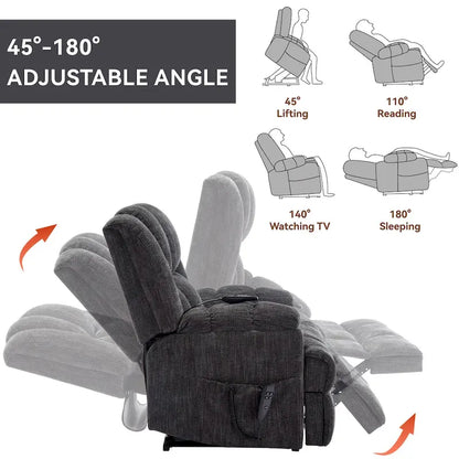 Grey Oversized Chenille Power Lift Recliner with Massage, Heating, Flat Lay