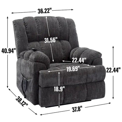 Grey Oversized Chenille Power Lift Recliner with Massage, Heating, Flat Lay