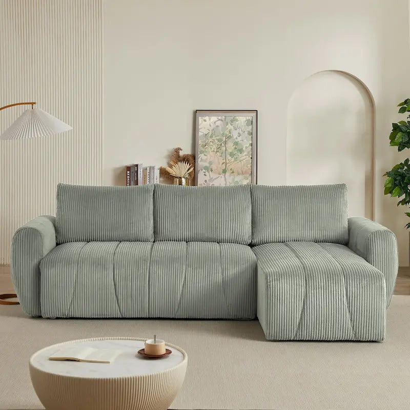 Grey 105.2 Corduroy L-Shaped Convertible Sleeper Sectional with Storage
