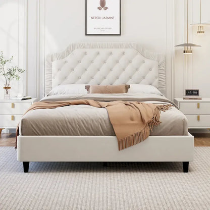 Modern Queen Size Upholstered Bed with Ruched and Button Tufted Headboard, Wooden Frame with Metal Base, No Box Spring Needed