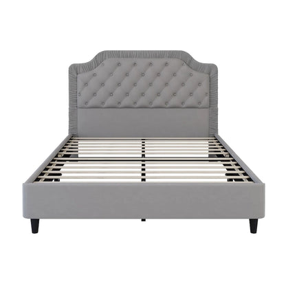 Modern Queen Size Upholstered Bed with Ruched and Button Tufted Headboard, Wooden Frame with Metal Base, No Box Spring Needed