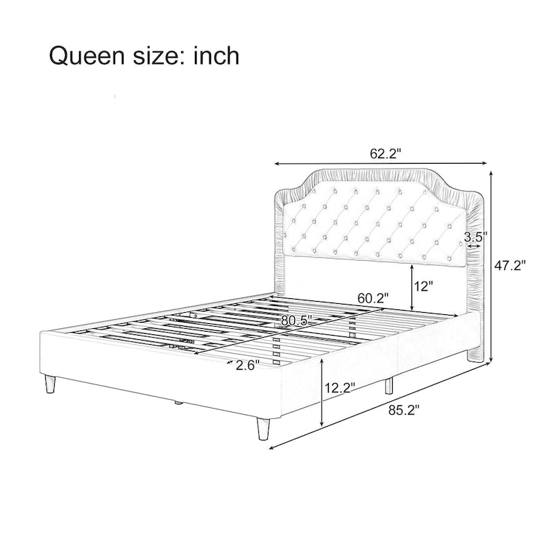Modern Queen Size Upholstered Bed with Ruched and Button Tufted Headboard, Wooden Frame with Metal Base, No Box Spring Needed