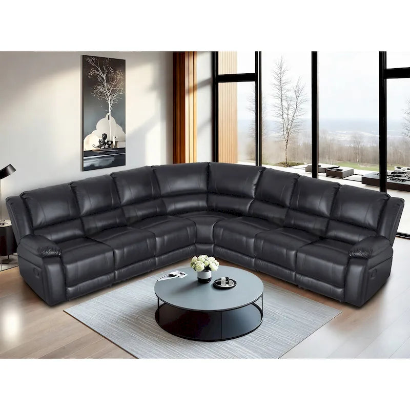 129W 7-Seat Faux Leather Manual Recliner Large Sectional Reclining Sofa