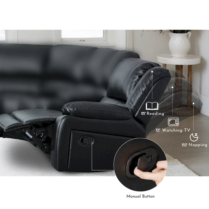 129W 7-Seat Faux Leather Manual Recliner Large Sectional Reclining Sofa