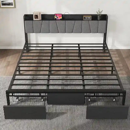 Bed Frame with Storage Headboard, Industrial Platform Bed with 2 Large Drawers and Charging Station, Black