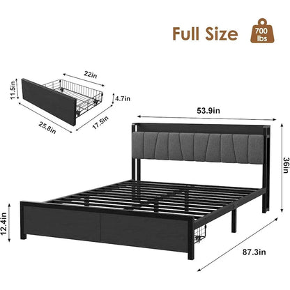 Bed Frame with Storage Headboard, Industrial Platform Bed with 2 Large Drawers and Charging Station, Black
