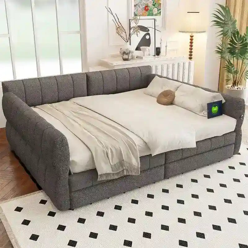 Upholstered Daybed with 2 Storage Drawers, Queen Size Sofa Bed Frame with USB Ports Design and Wood Slats Support