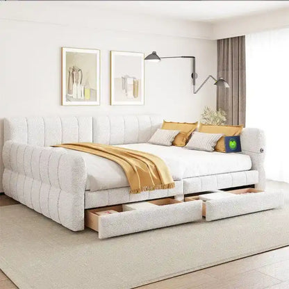 Upholstered Daybed with 2 Storage Drawers, Queen Size Sofa Bed Frame with USB Ports Design and Wood Slats Support