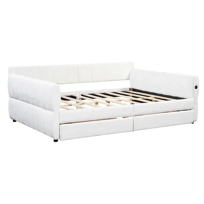 Upholstered Daybed with 2 Storage Drawers, Queen Size Sofa Bed Frame with USB Ports Design and Wood Slats Support