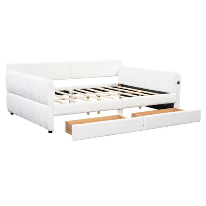 Upholstered Daybed with 2 Storage Drawers, Queen Size Sofa Bed Frame with USB Ports Design and Wood Slats Support