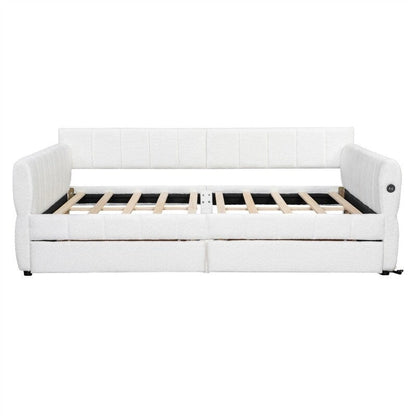 Upholstered Daybed with 2 Storage Drawers, Queen Size Sofa Bed Frame with USB Ports Design and Wood Slats Support