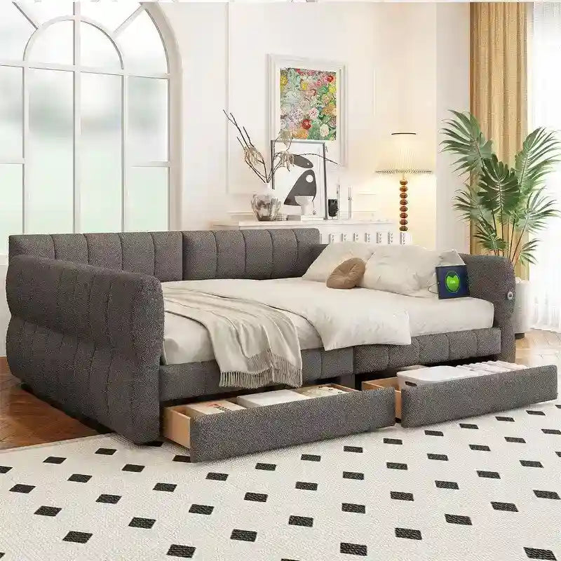 Upholstered Daybed with 2 Storage Drawers, Queen Size Sofa Bed Frame with USB Ports Design and Wood Slats Support