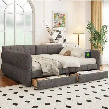 Upholstered Daybed with 2 Storage Drawers, Queen Size Sofa Bed Frame with USB Ports Design and Wood Slats Support