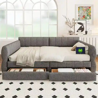 Upholstered Daybed with 2 Storage Drawers, Queen Size Sofa Bed Frame with USB Ports Design and Wood Slats Support