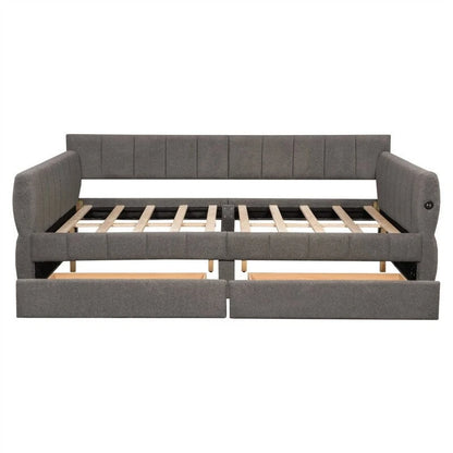 Upholstered Daybed with 2 Storage Drawers, Queen Size Sofa Bed Frame with USB Ports Design and Wood Slats Support