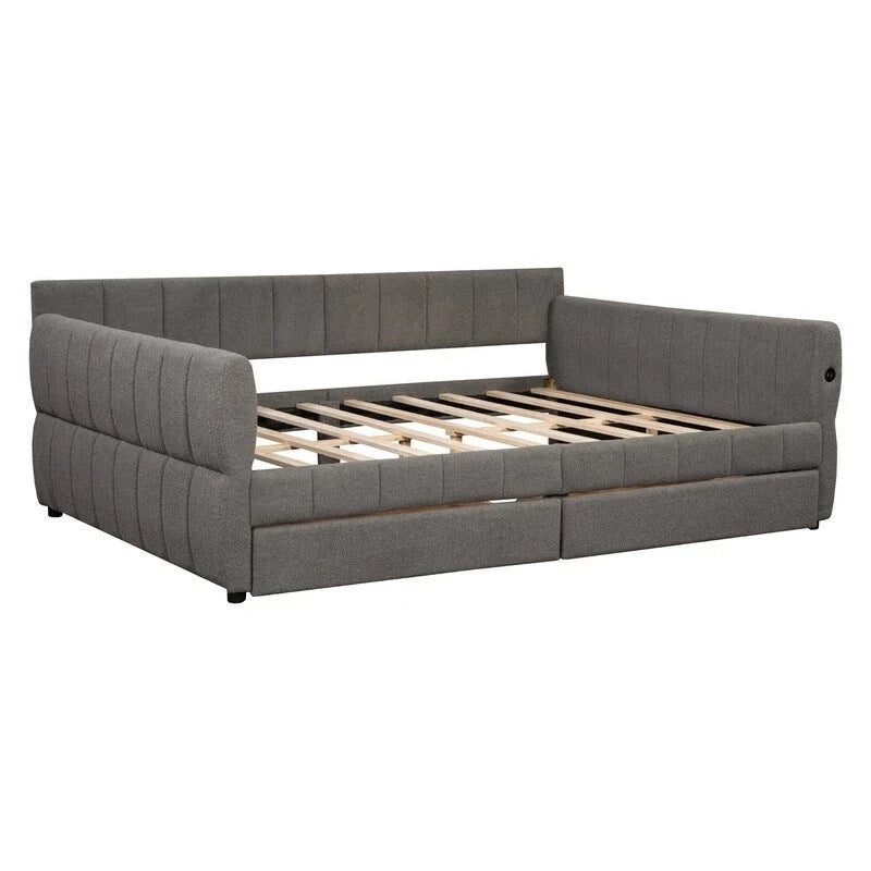 Upholstered Daybed with 2 Storage Drawers, Queen Size Sofa Bed Frame with USB Ports Design and Wood Slats Support
